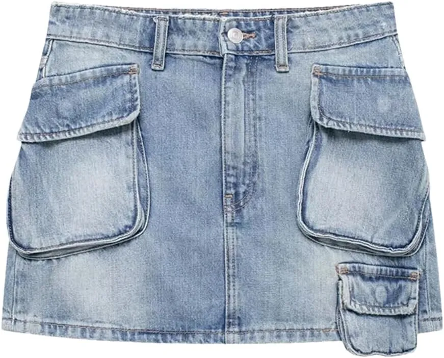 Women's High Waisted Denim Skirt European and American Style Multi-Pocket Workwear Denim Skirt