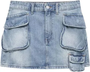 Women's High Waisted Denim Skirt European and American Style Multi-Pocket Workwear Denim Skirt