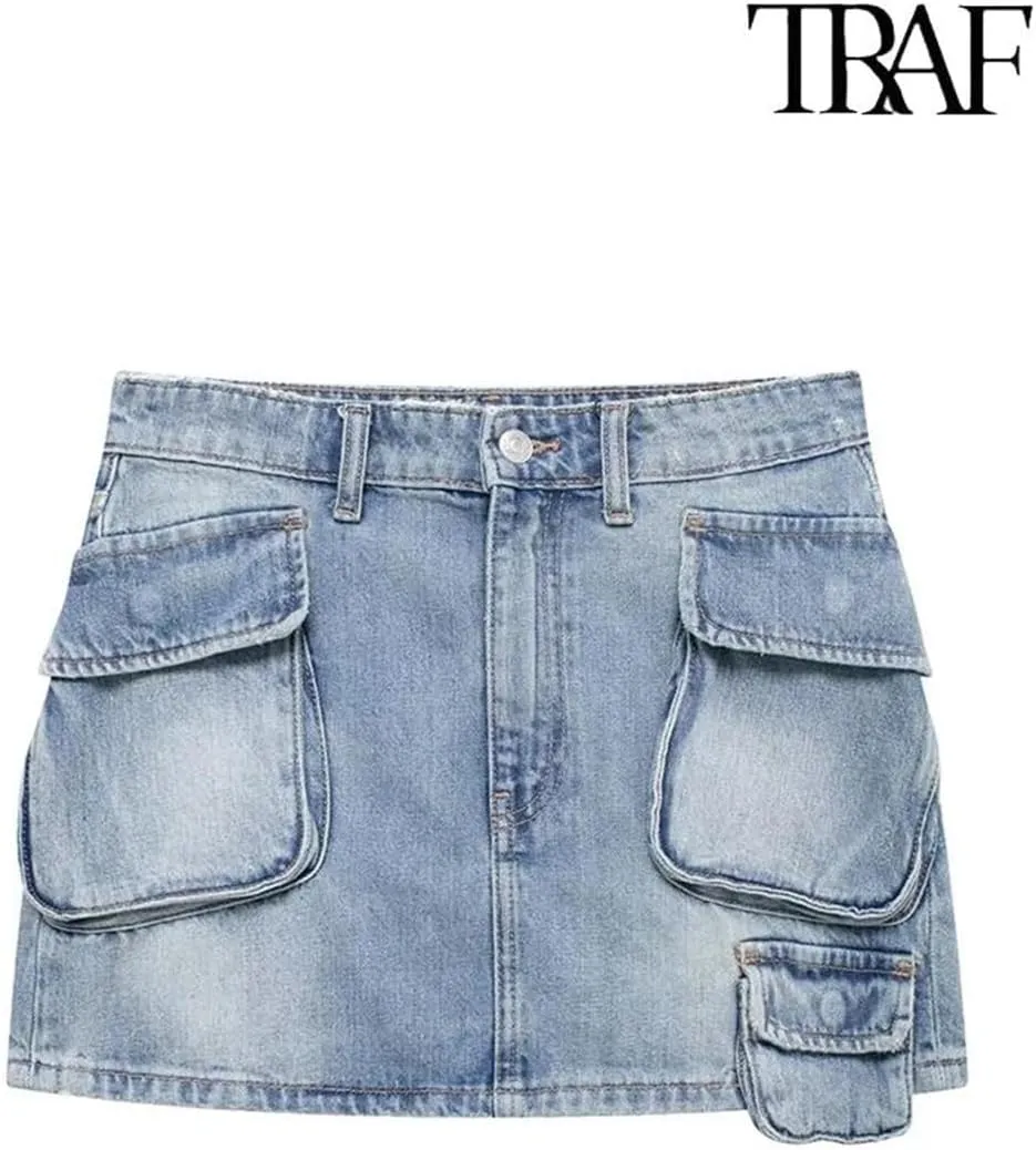 Women's High Waisted Denim Skirt European and American Style Multi-Pocket Workwear Denim Skirt