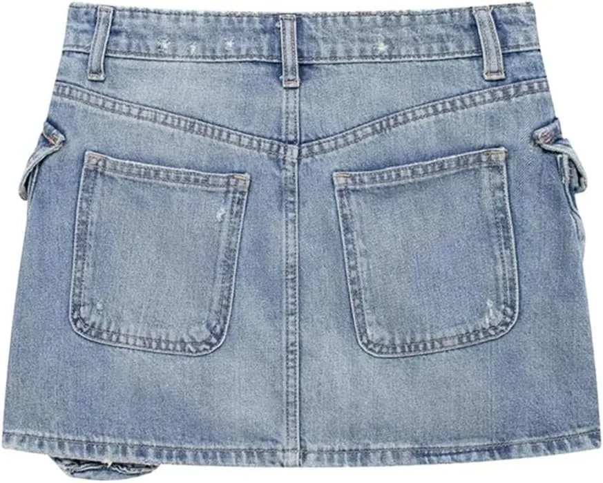Women's High Waisted Denim Skirt European and American Style Multi-Pocket Workwear Denim Skirt