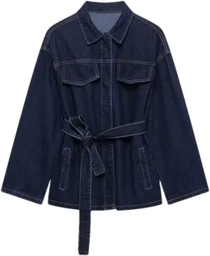 Women's Lace-Up Denim Jacket Solid Single-Breasted Mid-Length Denim Jacket