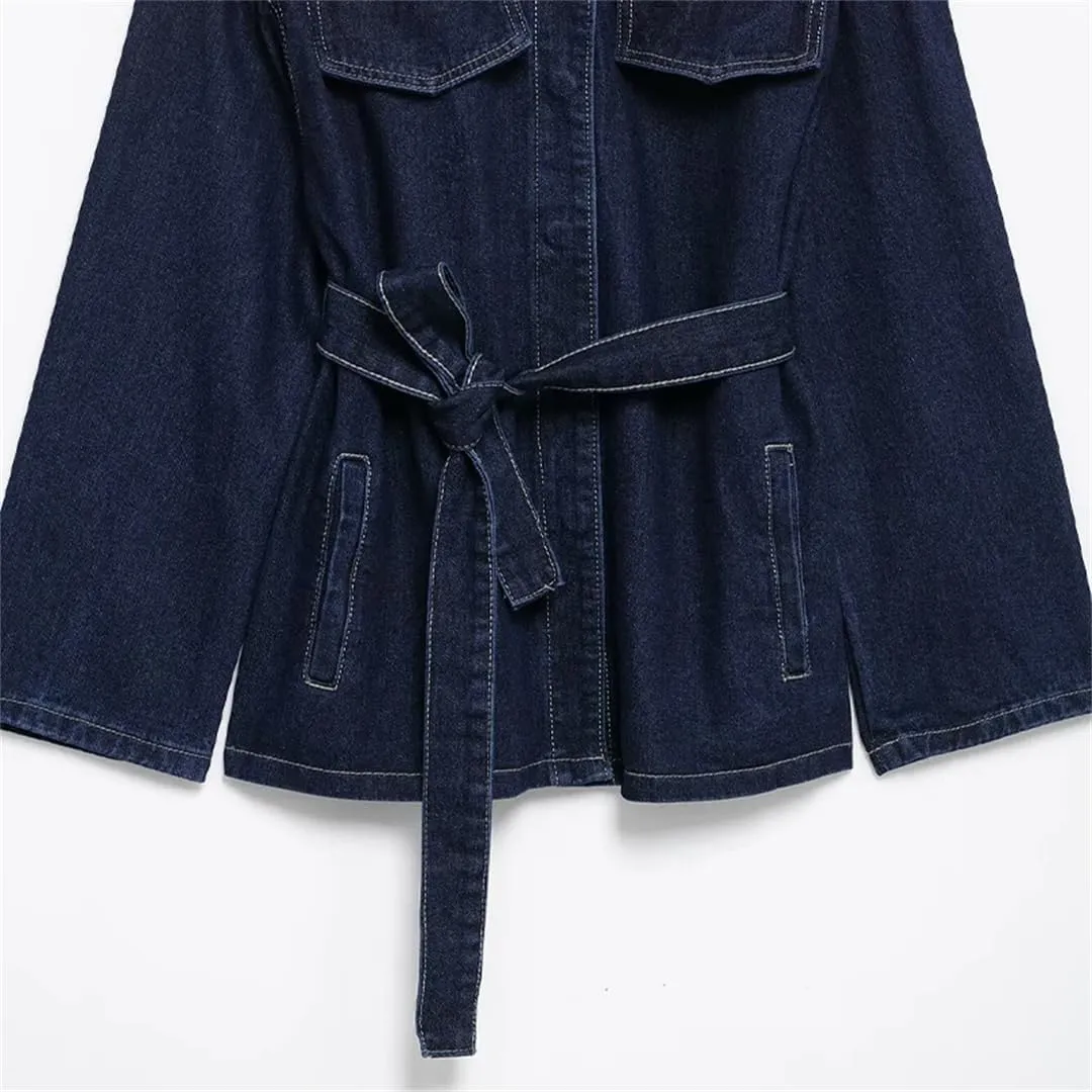 Women's Lace-Up Denim Jacket Solid Single-Breasted Mid-Length Denim Jacket