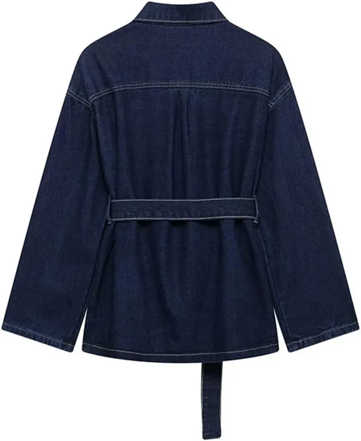 Women's Lace-Up Denim Jacket Solid Single-Breasted Mid-Length Denim Jacket