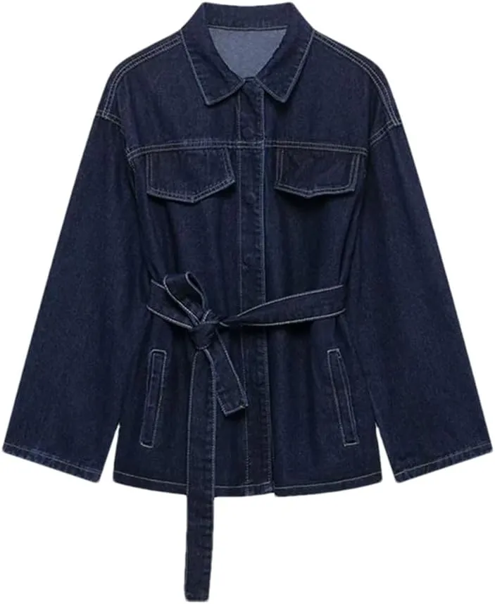Women's Lace-Up Denim Jacket Solid Single-Breasted Mid-Length Denim Jacket
