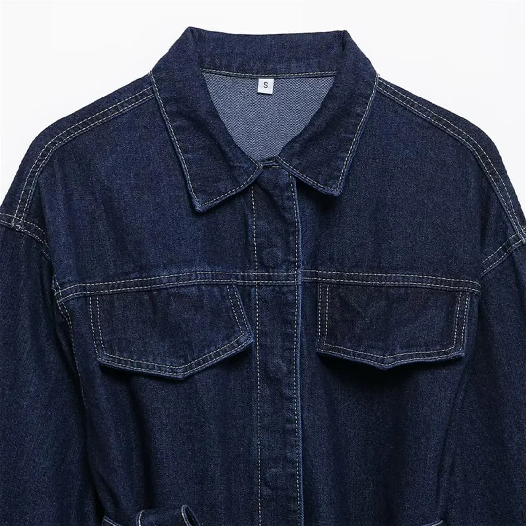 Women's Lace-Up Denim Jacket Solid Single-Breasted Mid-Length Denim Jacket