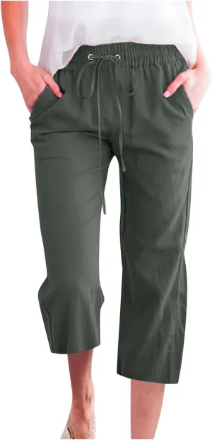 Women's Linen Capris Fashion Tapered Crop Pants Drawstring Elastic Waist Yoga Pants 2024 Casual Summer Pants