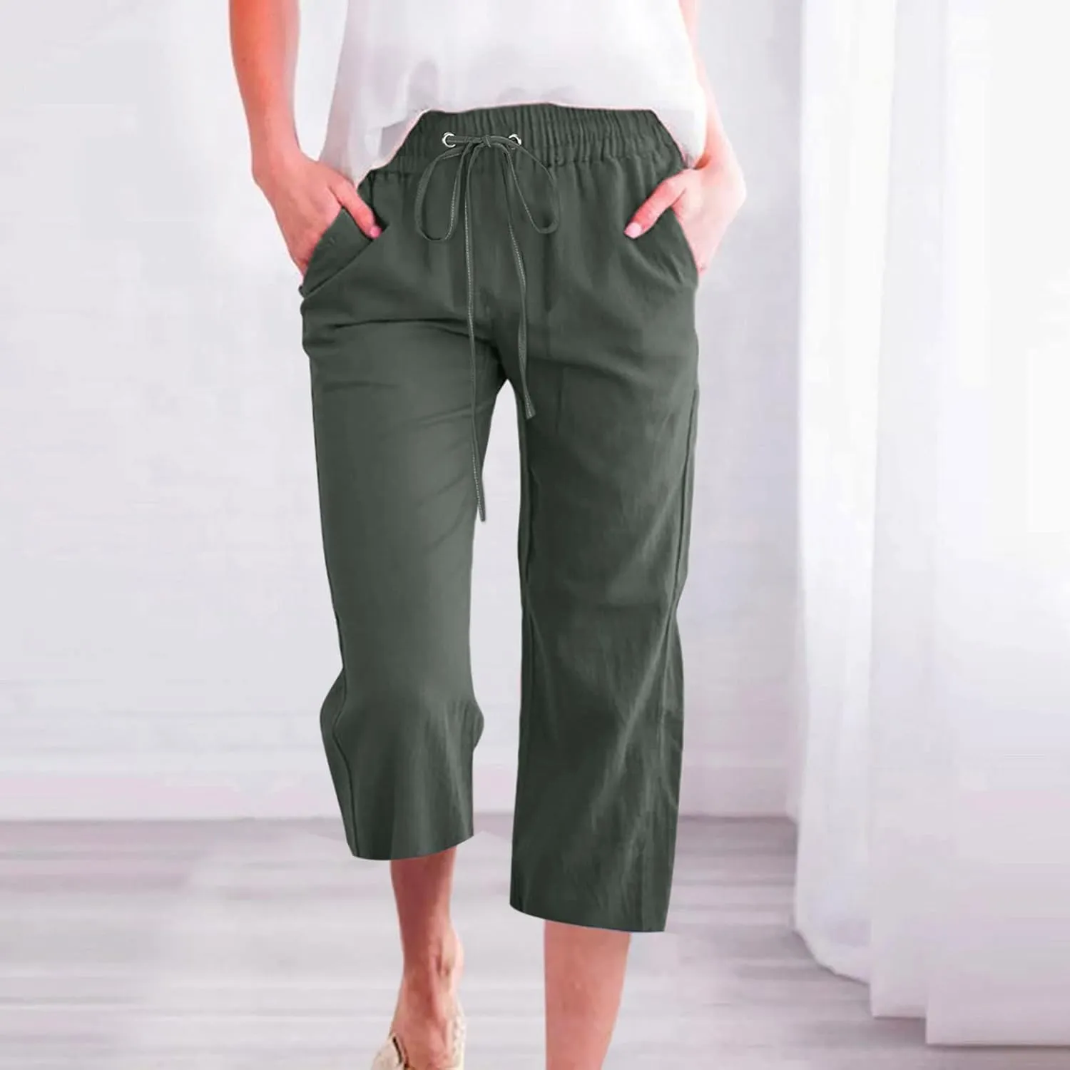 Women's Linen Capris Fashion Tapered Crop Pants Drawstring Elastic Waist Yoga Pants 2024 Casual Summer Pants