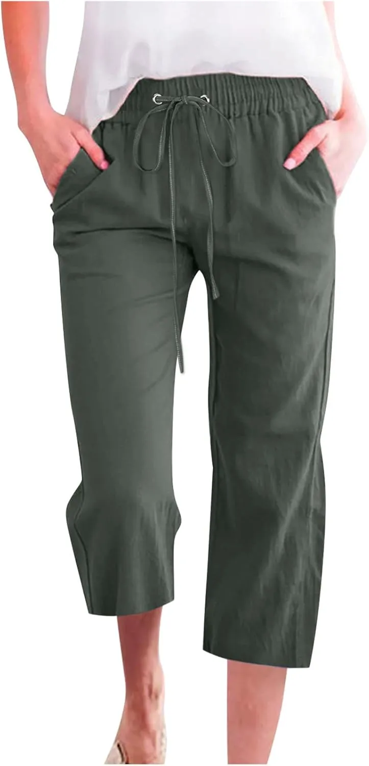 Women's Linen Capris Fashion Tapered Crop Pants Drawstring Elastic Waist Yoga Pants 2024 Casual Summer Pants