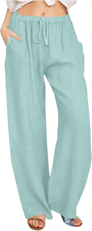 Womens Linen Pants Casual Loose Wide Leg Pants High Elastic Waist Drawstring Flowy Palazzo Pants Summer Beach Pants