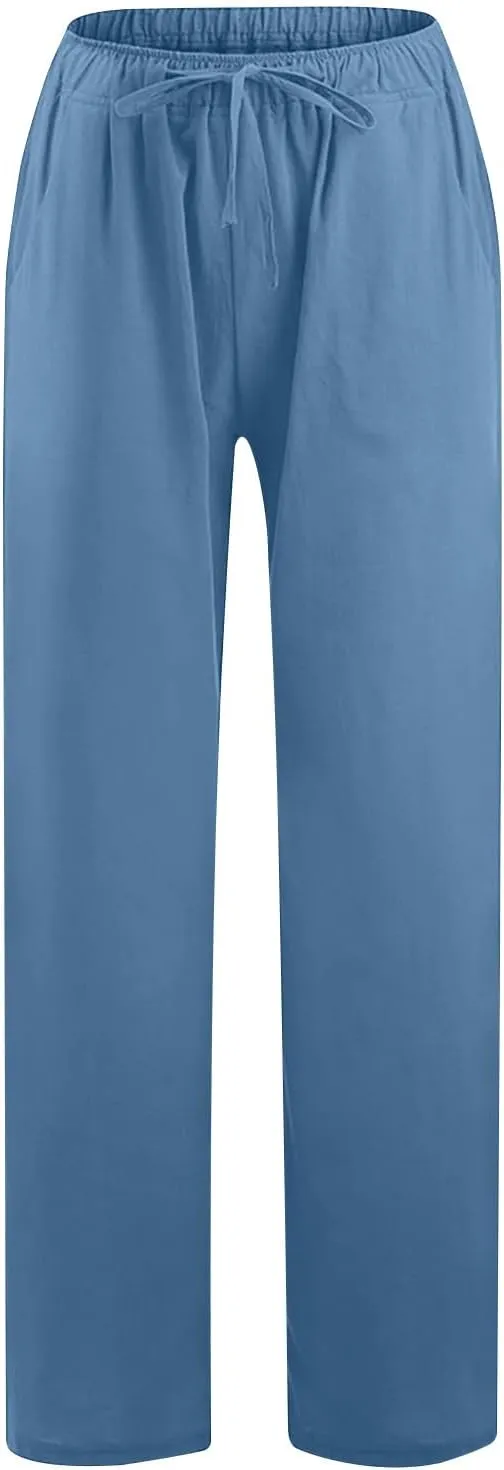 Womens Linen Pants Casual Loose Wide Leg Pants High Elastic Waist Drawstring Flowy Palazzo Pants Summer Beach Pants