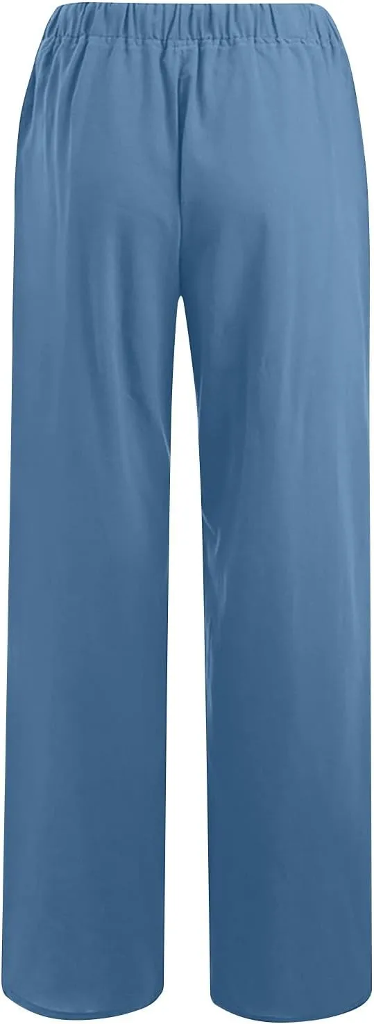 Womens Linen Pants Casual Loose Wide Leg Pants High Elastic Waist Drawstring Flowy Palazzo Pants Summer Beach Pants