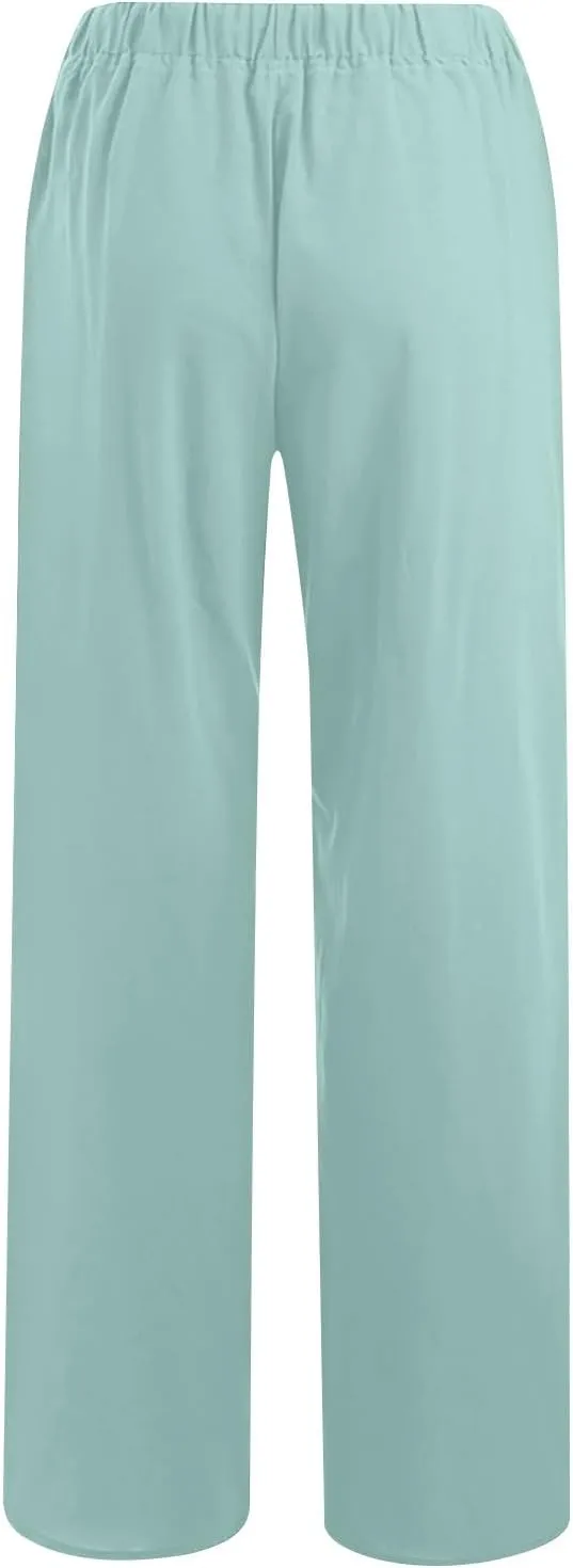 Womens Linen Pants Casual Loose Wide Leg Pants High Elastic Waist Drawstring Flowy Palazzo Pants Summer Beach Pants
