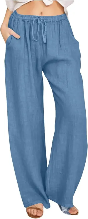 Womens Linen Pants Casual Loose Wide Leg Pants High Elastic Waist Drawstring Flowy Palazzo Pants Summer Beach Pants