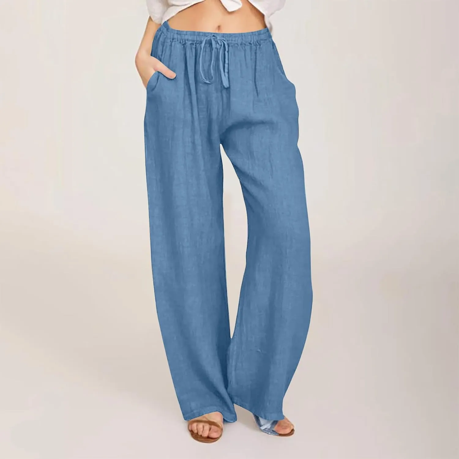 Womens Linen Pants Casual Loose Wide Leg Pants High Elastic Waist Drawstring Flowy Palazzo Pants Summer Beach Pants