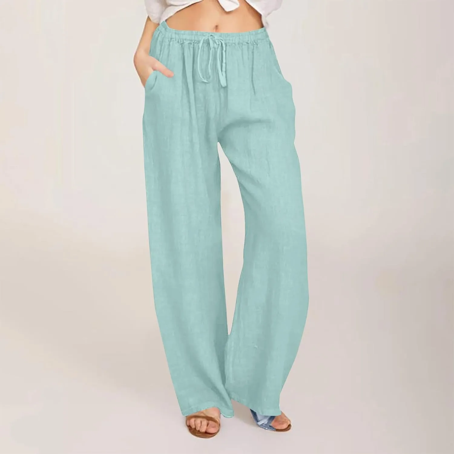 Womens Linen Pants Casual Loose Wide Leg Pants High Elastic Waist Drawstring Flowy Palazzo Pants Summer Beach Pants