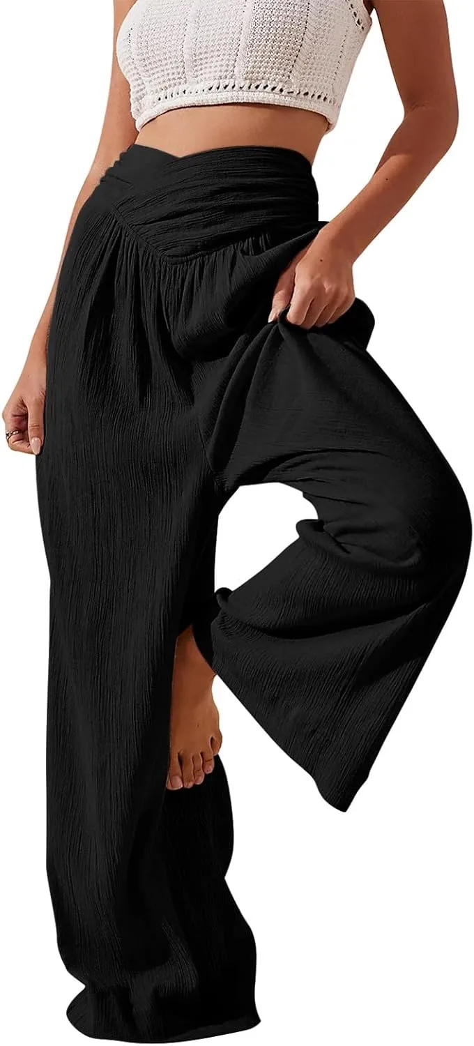 Womens Linen Pants Flowy Crossover Wide Leg Pants Palazzo Pants with Pockets High Waisted Summer Beach Pants 2024