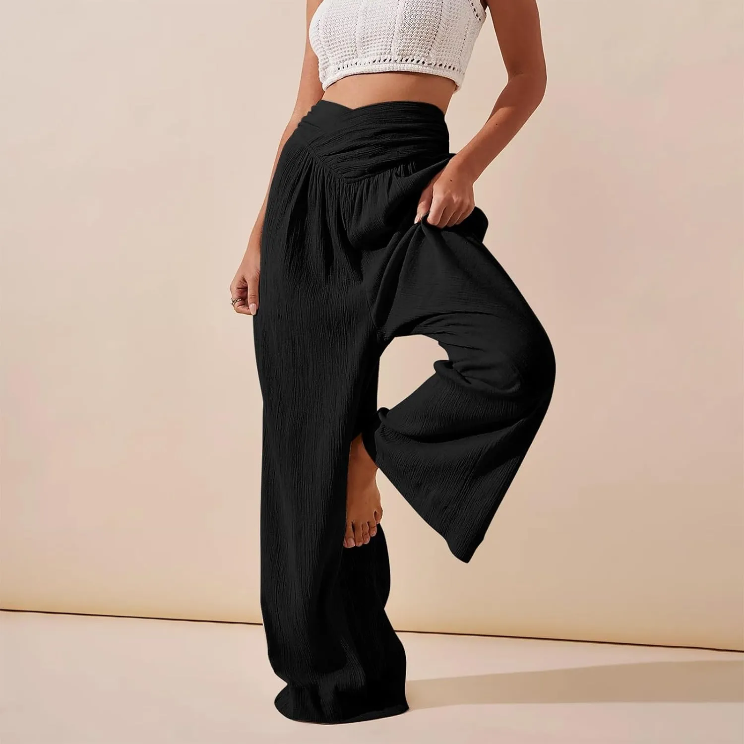 Womens Linen Pants Flowy Crossover Wide Leg Pants Palazzo Pants with Pockets High Waisted Summer Beach Pants 2024