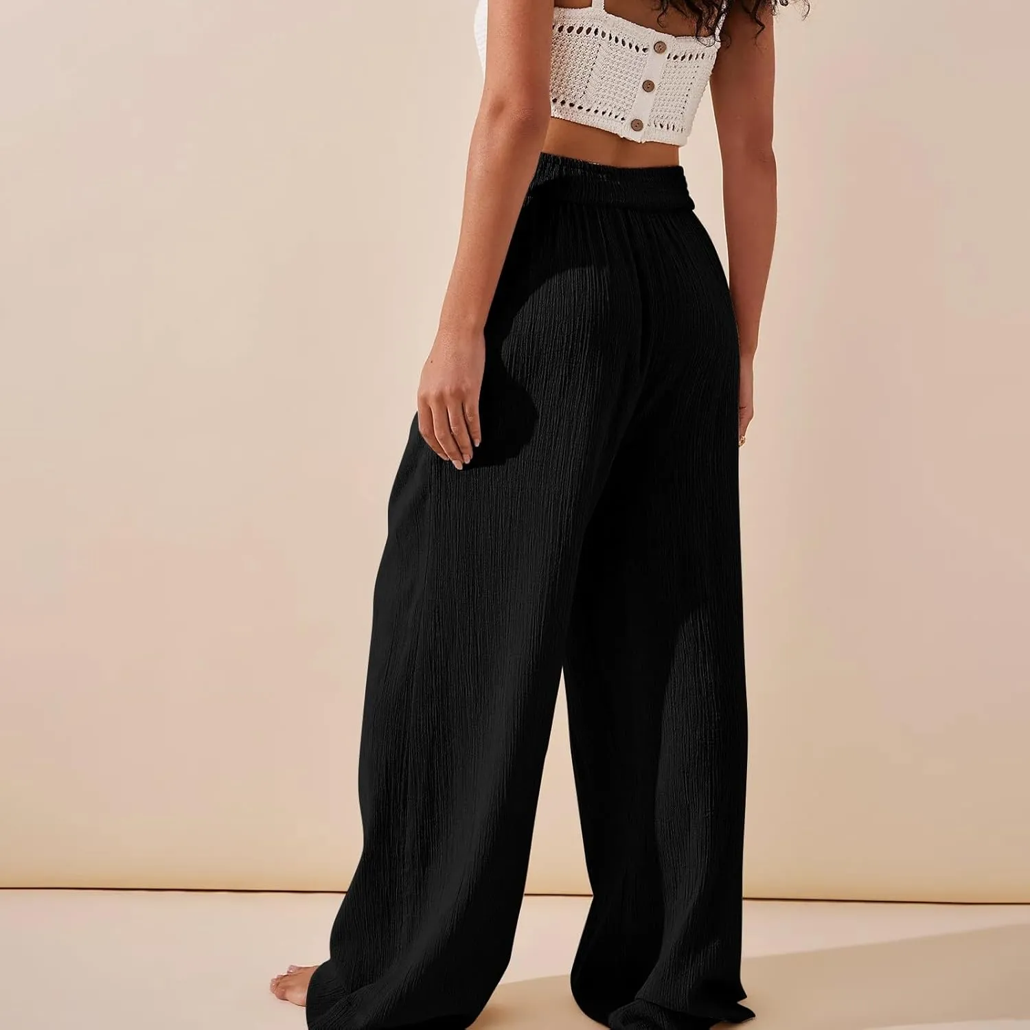 Womens Linen Pants Flowy Crossover Wide Leg Pants Palazzo Pants with Pockets High Waisted Summer Beach Pants 2024