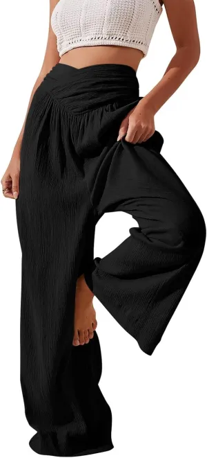 Womens Linen Pants Flowy Crossover Wide Leg Pants Palazzo Pants with Pockets High Waisted Summer Beach Pants 2024