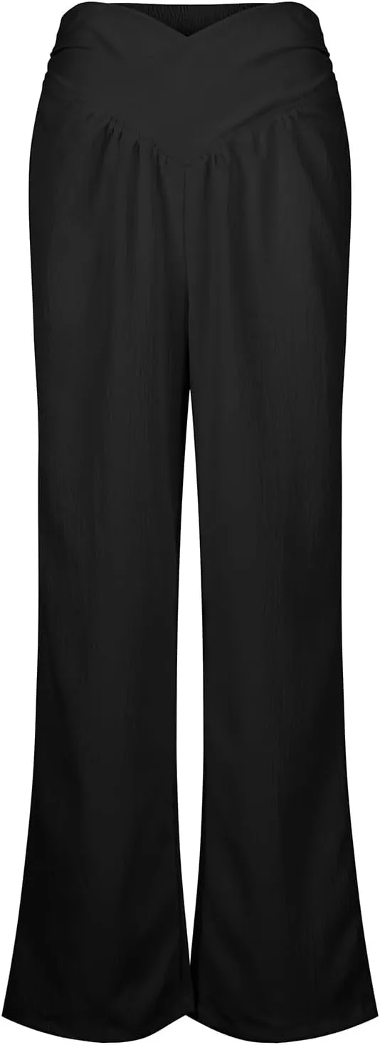 Womens Linen Pants Flowy Crossover Wide Leg Pants Palazzo Pants with Pockets High Waisted Summer Beach Pants 2024