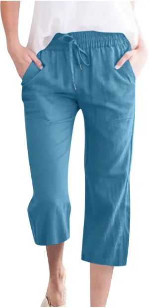 Womens Linen Pants with Pockets Palazzo Pants Casual Loose Lounge Pants Straight Leg Comfy Trousers Boho Beach Pants