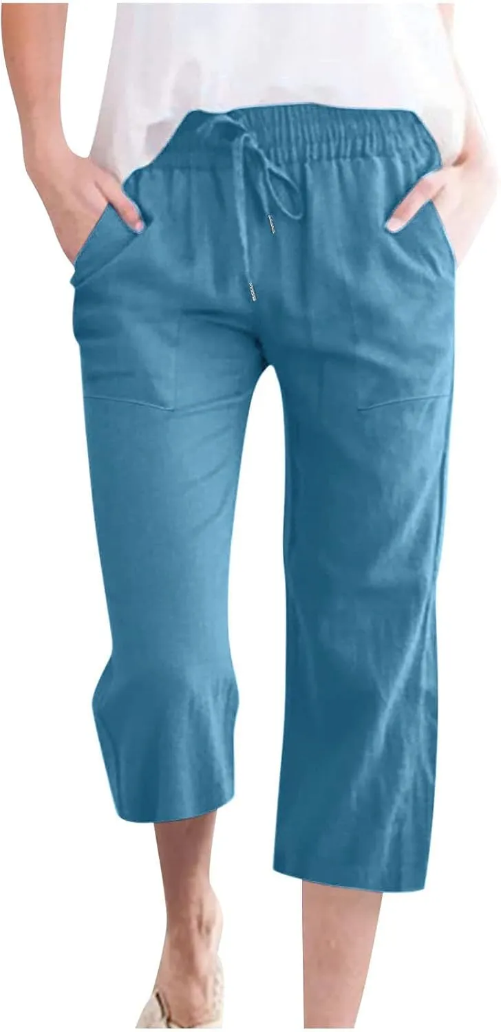 Womens Linen Pants with Pockets Palazzo Pants Casual Loose Lounge Pants Straight Leg Comfy Trousers Boho Beach Pants