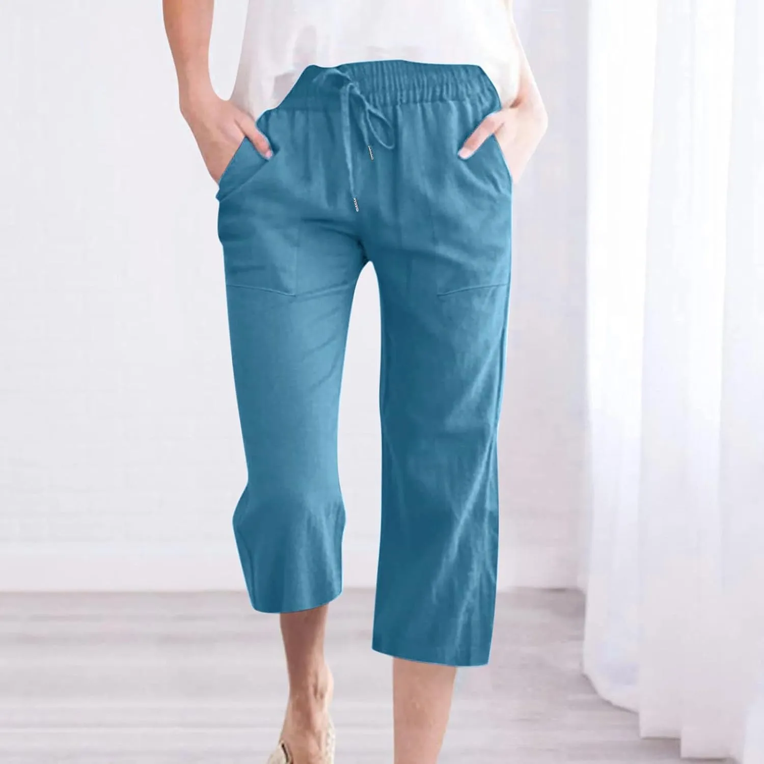 Womens Linen Pants with Pockets Palazzo Pants Casual Loose Lounge Pants Straight Leg Comfy Trousers Boho Beach Pants