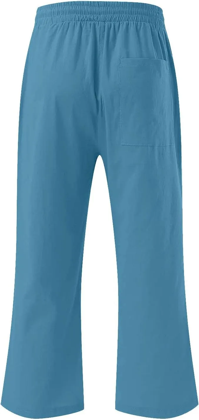 Womens Linen Pants with Pockets Palazzo Pants Casual Loose Lounge Pants Straight Leg Comfy Trousers Boho Beach Pants