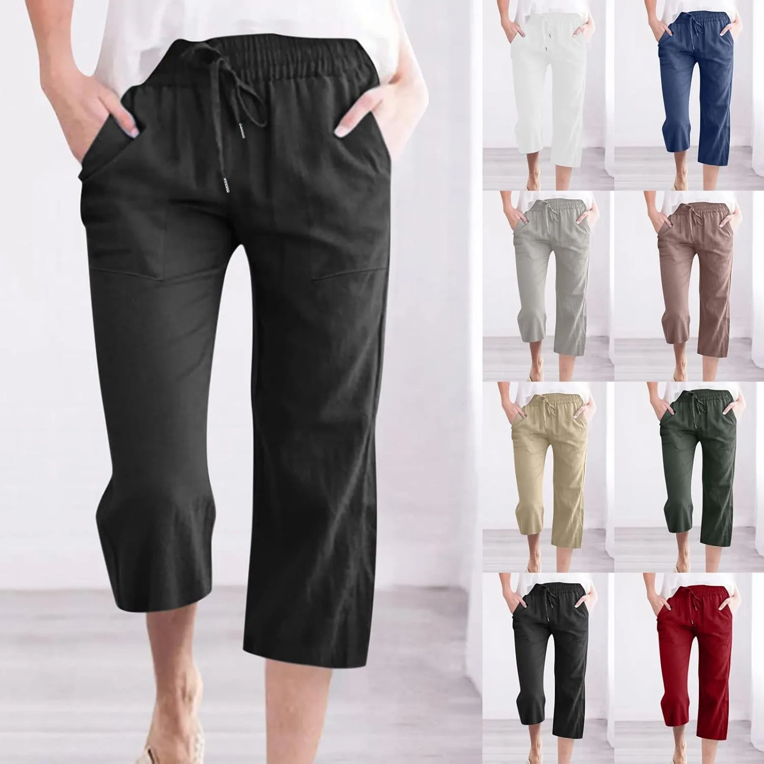 Womens Linen Pants with Pockets Palazzo Pants Casual Loose Lounge Pants Straight Leg Comfy Trousers Boho Beach Pants