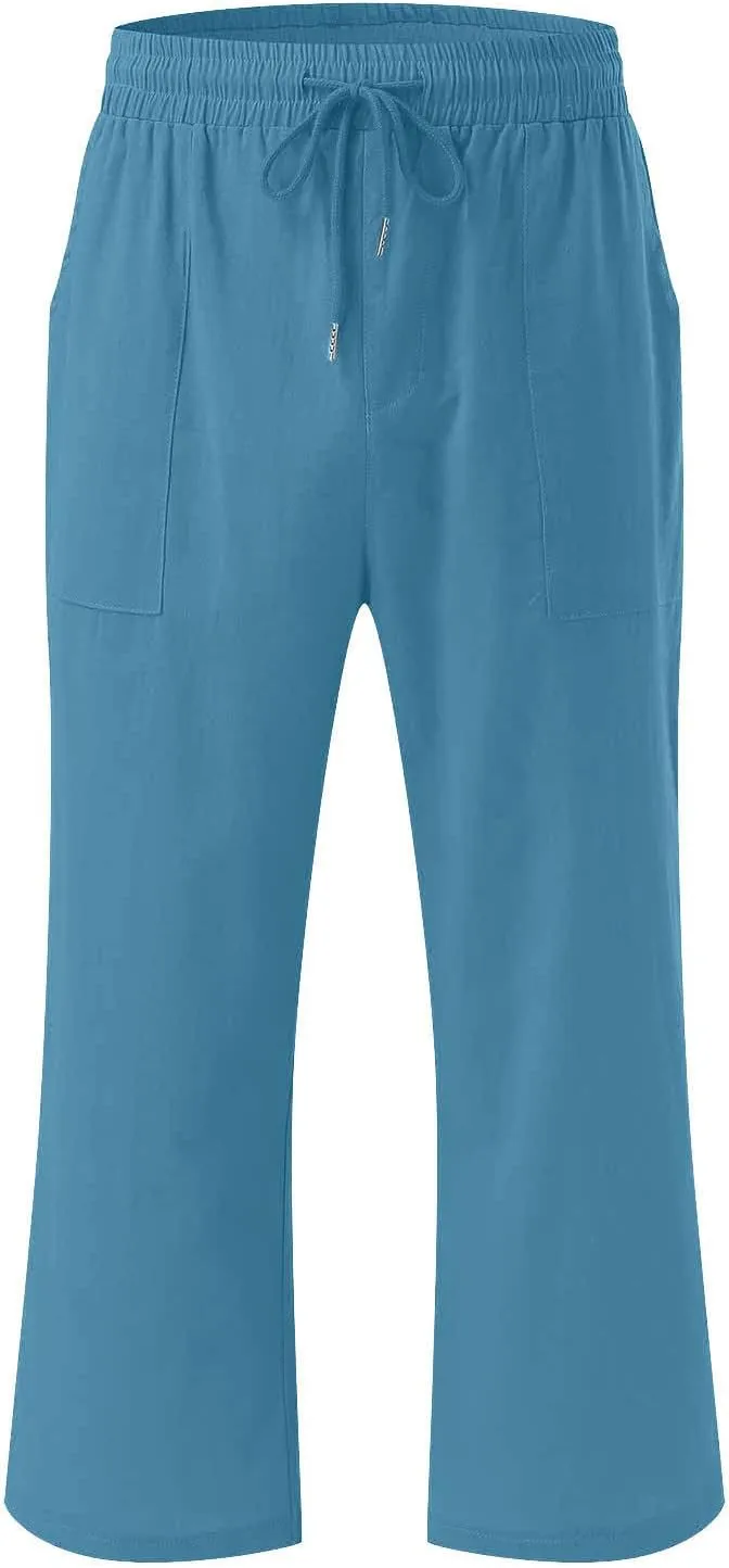 Womens Linen Pants with Pockets Palazzo Pants Casual Loose Lounge Pants Straight Leg Comfy Trousers Boho Beach Pants