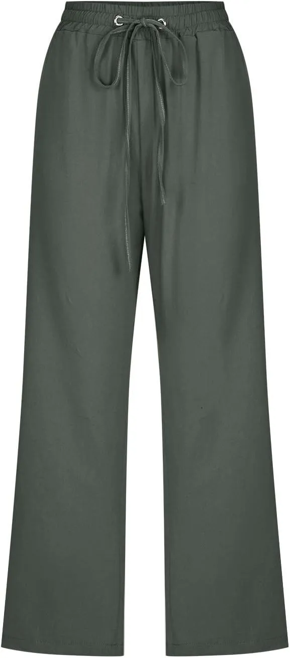 Womens Linen Pants with Pockets Palazzo Pants Casual Loose Lounge Pants Straight Leg Comfy Trousers Boho Beach Pants