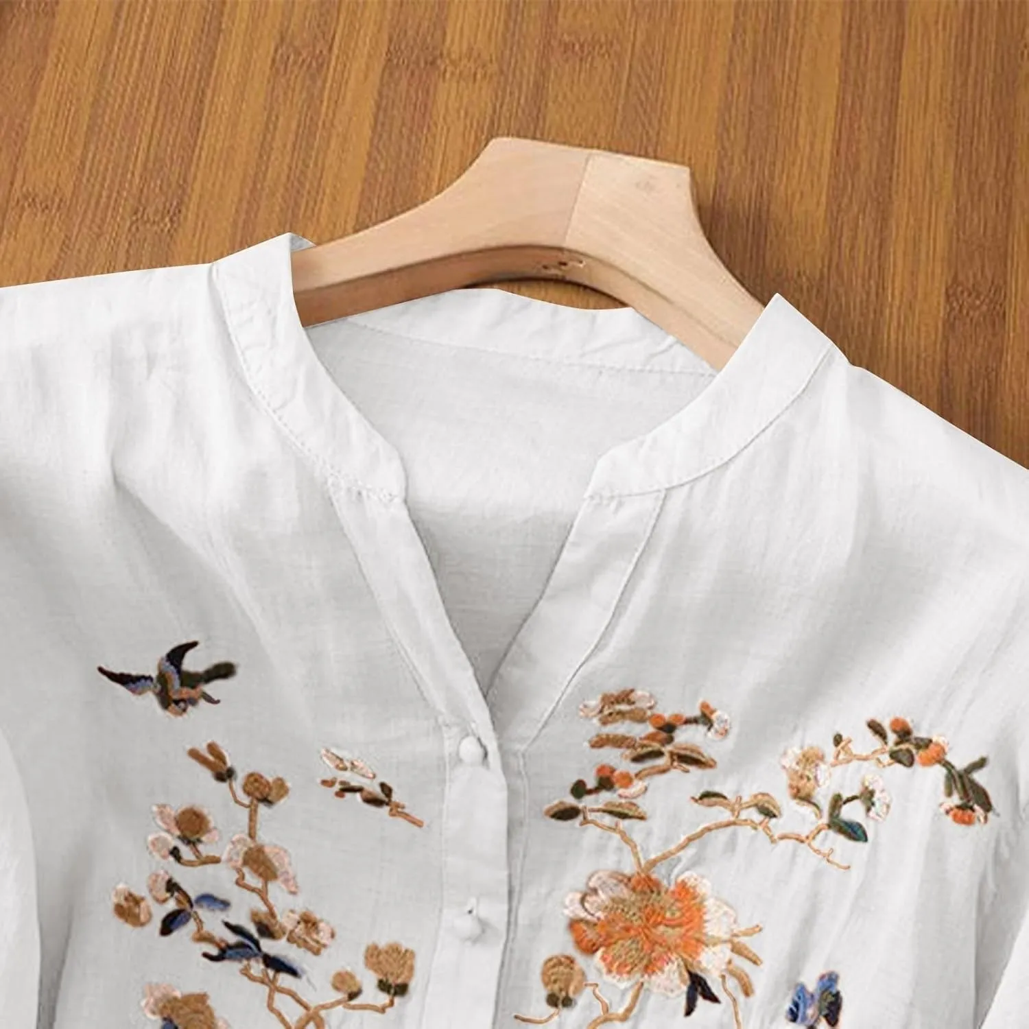 Women's Linen Tops Bohemian Short Sleeve Shirts Summer Loose Crewneck Casual Vintage Embroidered Blouse Tops