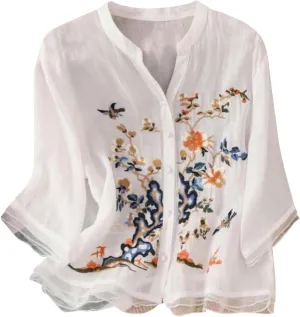 Women's Linen Tops Bohemian Short Sleeve Shirts Summer Loose Crewneck Casual Vintage Embroidered Blouse Tops