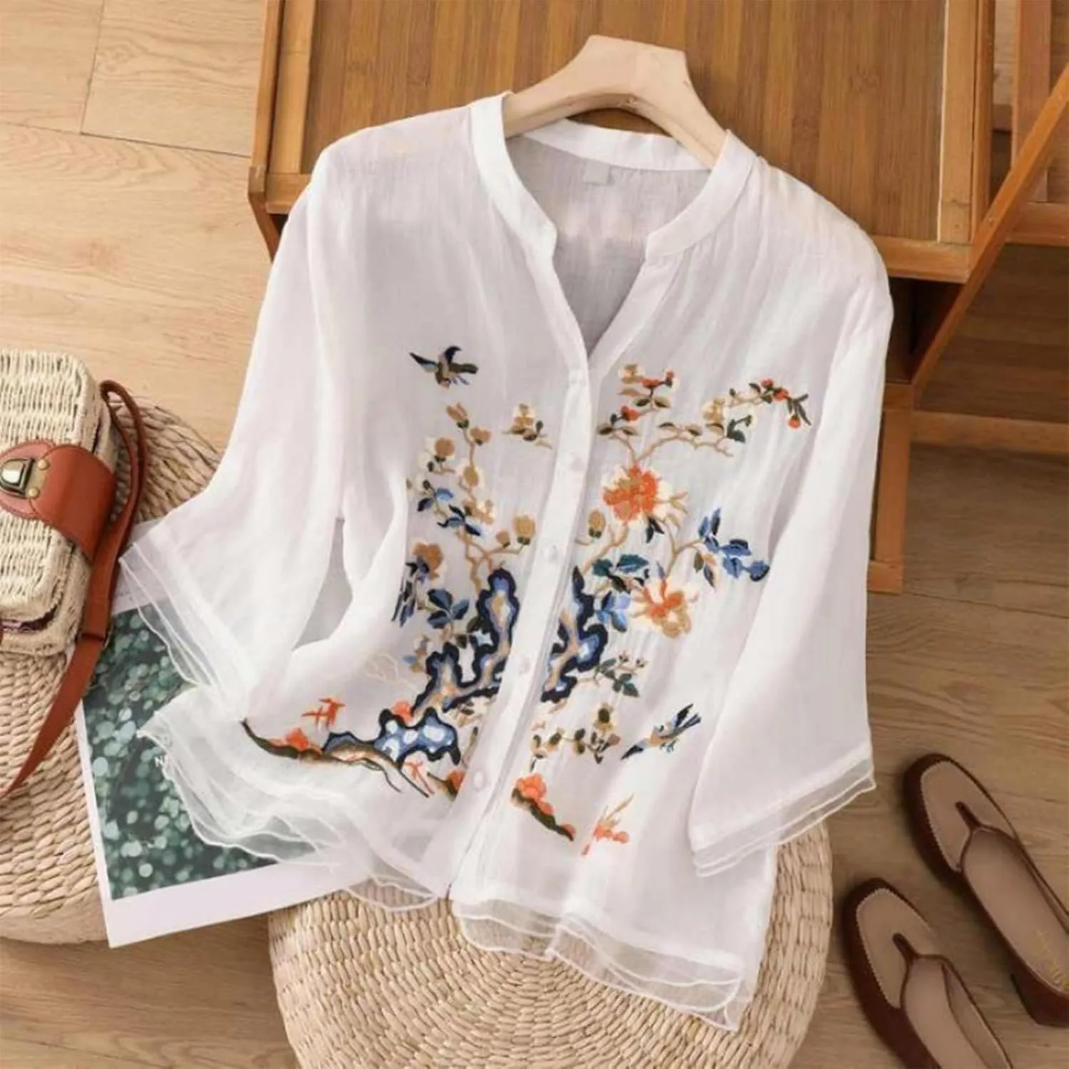 Women's Linen Tops Bohemian Short Sleeve Shirts Summer Loose Crewneck Casual Vintage Embroidered Blouse Tops
