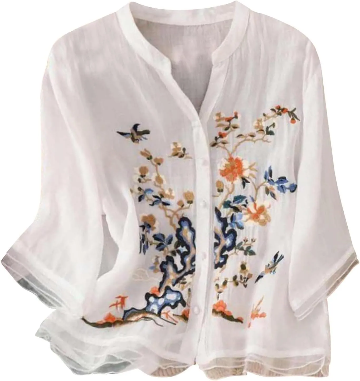 Women's Linen Tops Bohemian Short Sleeve Shirts Summer Loose Crewneck Casual Vintage Embroidered Blouse Tops