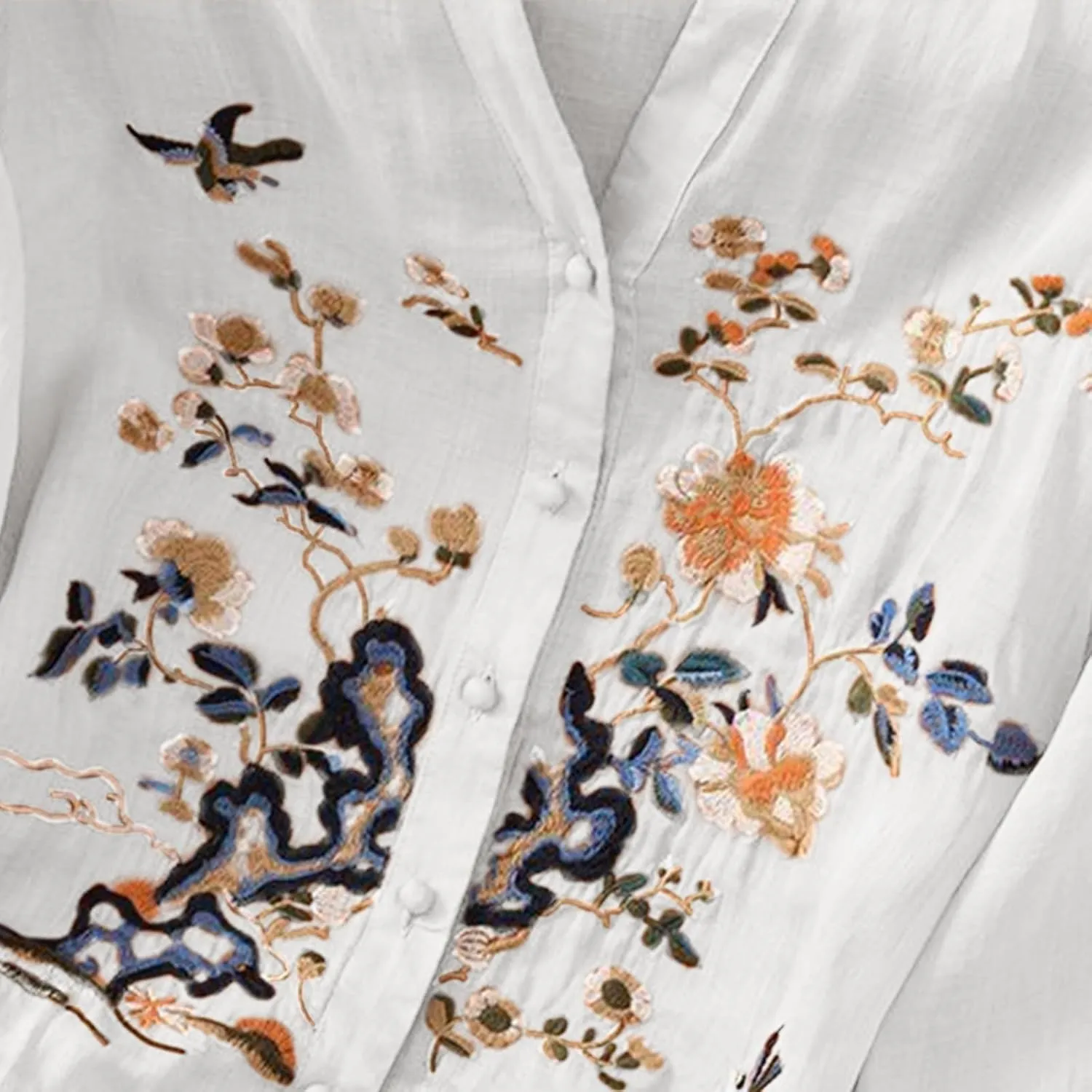 Women's Linen Tops Bohemian Short Sleeve Shirts Summer Loose Crewneck Casual Vintage Embroidered Blouse Tops
