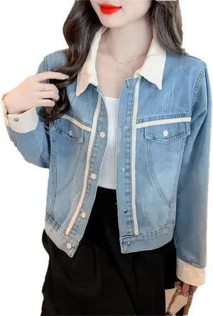 Women's Long Sleeve Cropped Denim Ripped Button Flap Pockets Denim Coats
