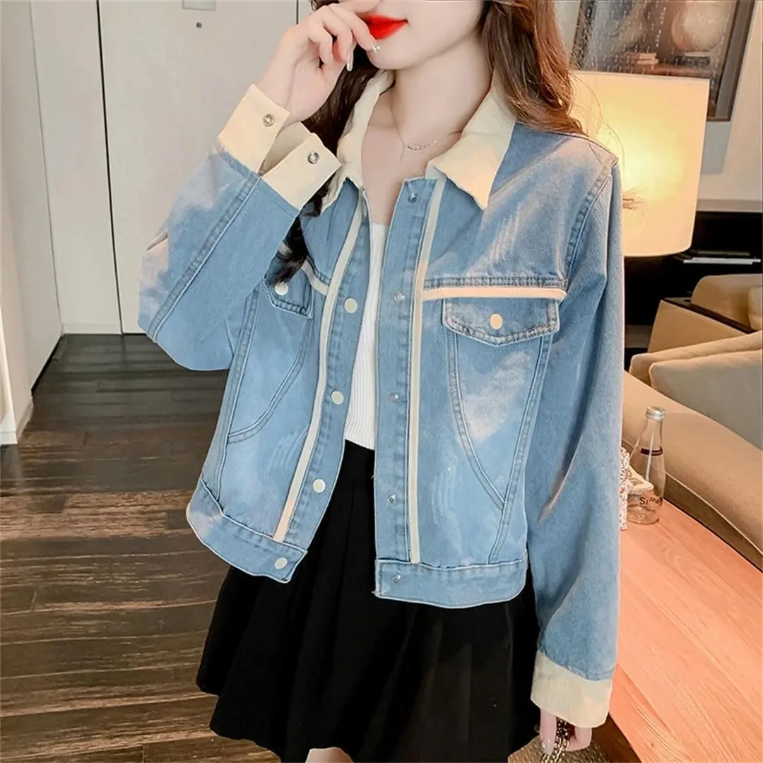 Women's Long Sleeve Cropped Denim Ripped Button Flap Pockets Denim Coats