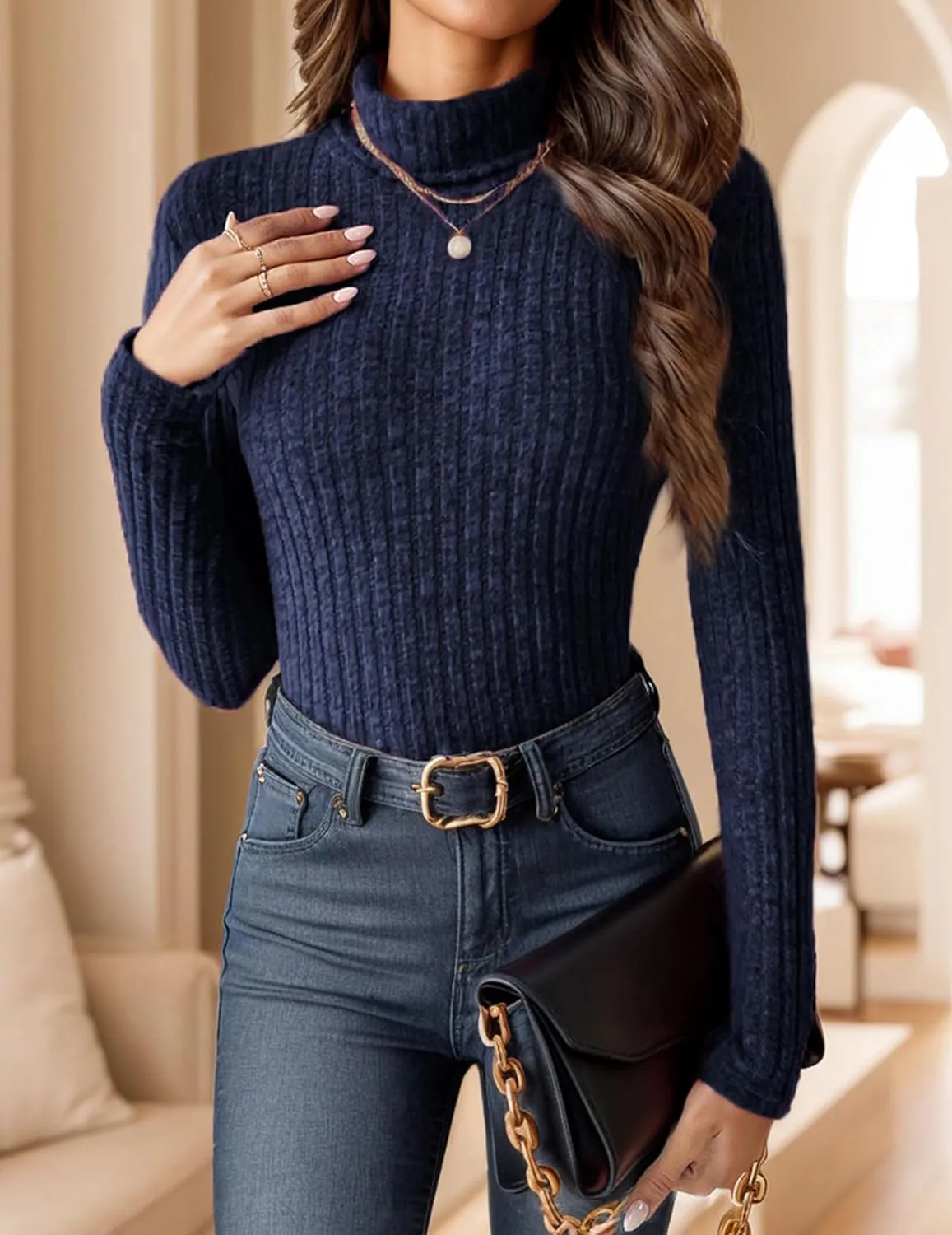 Womens Long Sleeve Turtleneck Tops Ribbed Thermal Underwear Shirt Slim Fit Fall Pullover Sweater