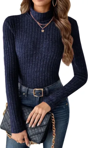 Womens Long Sleeve Turtleneck Tops Ribbed Thermal Underwear Shirt Slim Fit Fall Pullover Sweater