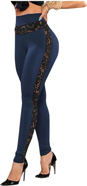 Women's Mesh Panel Side Sheer Lace High Waist Leggings Skinny Workout Yoga Pants with Pockets Athletic Activewear