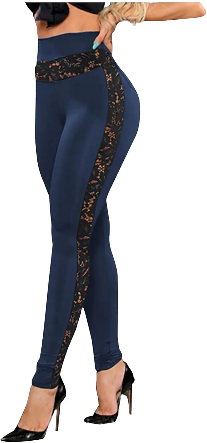 Women's Mesh Panel Side Sheer Lace High Waist Leggings Skinny Workout Yoga Pants with Pockets Athletic Activewear