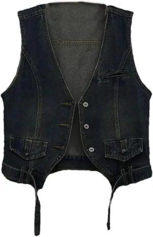 Women's Retro Denim Short Sleeveless Cowboy Vest Jacket Thin Denim Vest