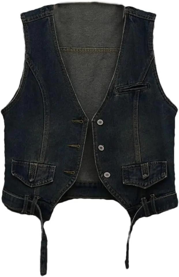 Women's Retro Denim Short Sleeveless Cowboy Vest Jacket Thin Denim Vest
