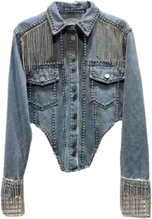 Women's Rhinestonesss Tassels Beaded Bareback Jeans Denim Jacket Long Sleeve Trucker Denim Jackets