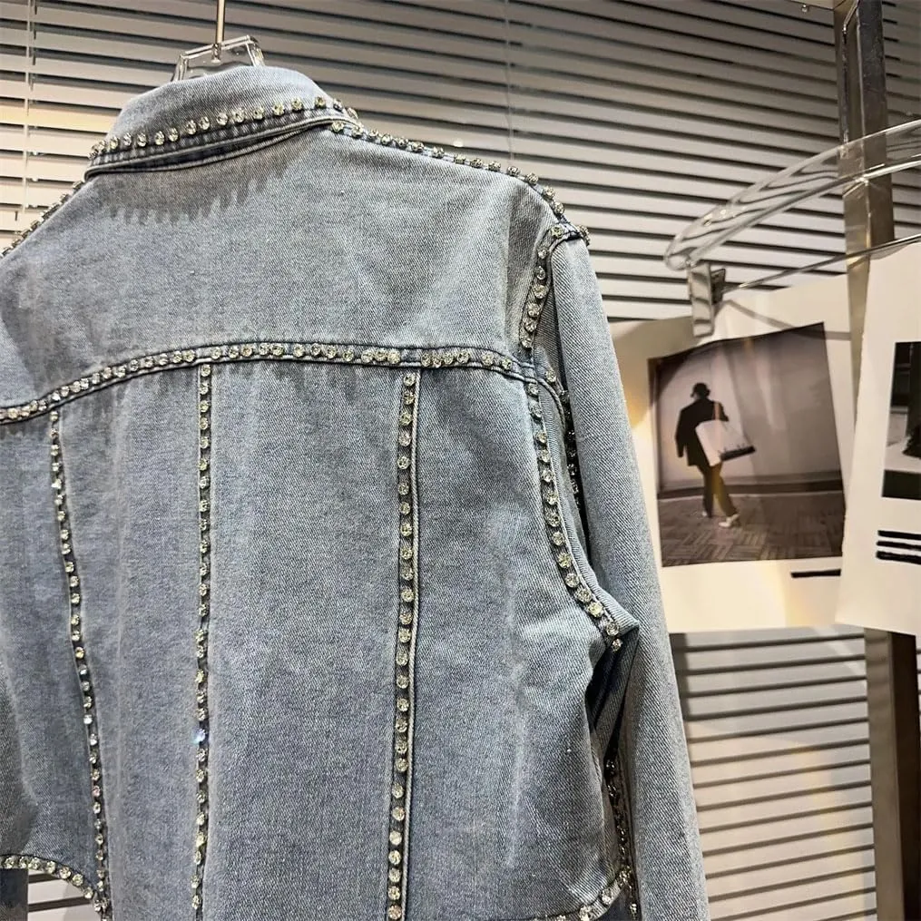 Women's Rhinestonesss Tassels Beaded Bareback Jeans Denim Jacket Long Sleeve Trucker Denim Jackets