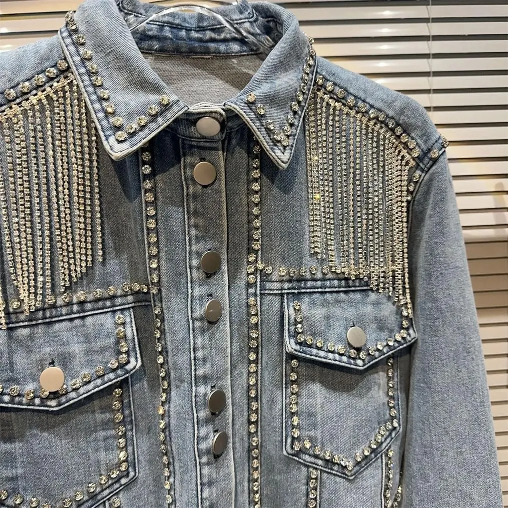 Women's Rhinestonesss Tassels Beaded Bareback Jeans Denim Jacket Long Sleeve Trucker Denim Jackets