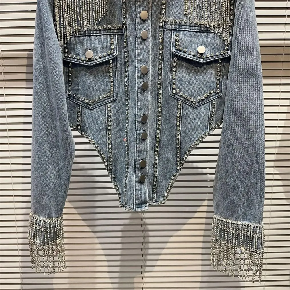 Women's Rhinestonesss Tassels Beaded Bareback Jeans Denim Jacket Long Sleeve Trucker Denim Jackets