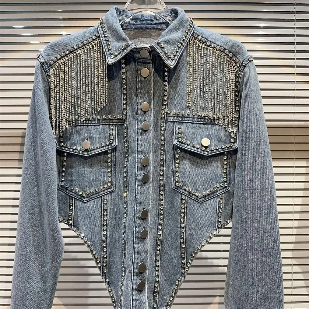 Women's Rhinestonesss Tassels Beaded Bareback Jeans Denim Jacket Long Sleeve Trucker Denim Jackets