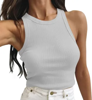 Women's Ribbed Knitted Tank Tops Round Neck Slim Basic Sleeveless Tee Shirts Summer Casual Workout Athletic Shirts